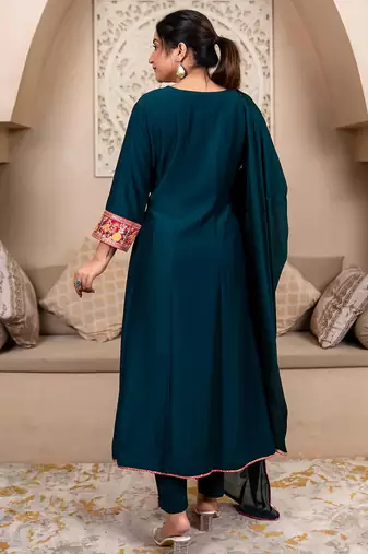 Floral embroidered viscose rayon round neck kurta trouser & dupatta set