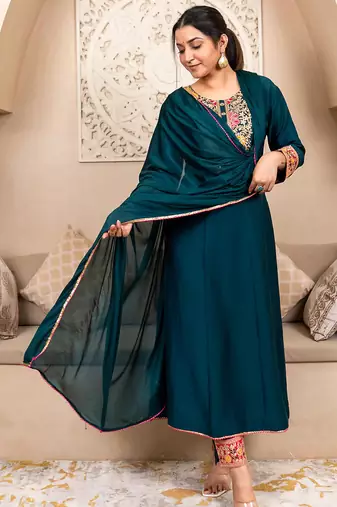 Floral embroidered viscose rayon round neck kurta trouser & dupatta set
