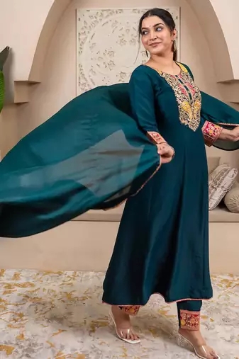 Floral embroidered viscose rayon round neck kurta trouser & dupatta set