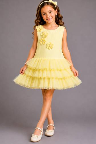 Lemon yellow embroidered net dress
