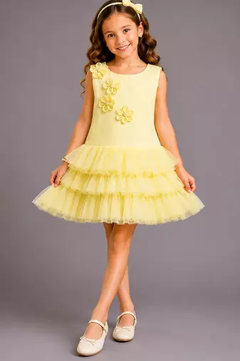 Lemon yellow embroidered net dress