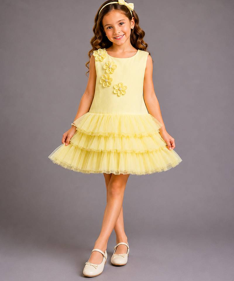 Lemon yellow embroidered net dress