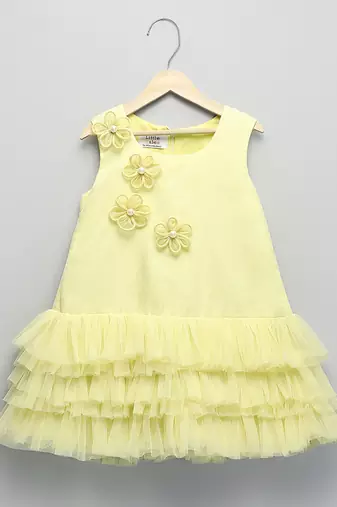 Lemon yellow embroidered net dress