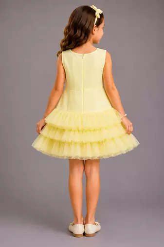 Lemon yellow embroidered net dress