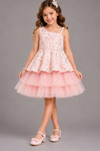Baby pink embroidered net dress