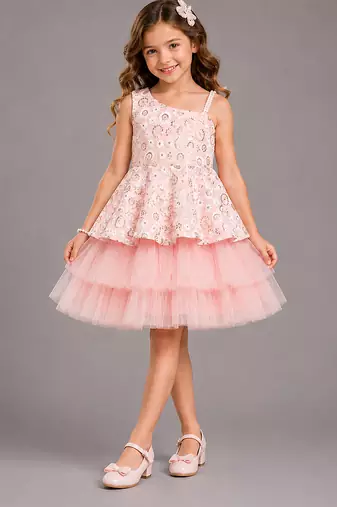 Baby pink embroidered net dress