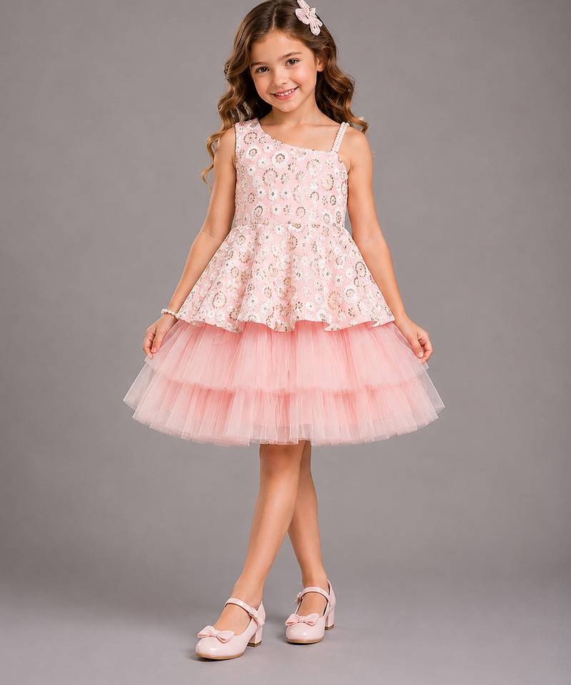 Baby pink embroidered net dress