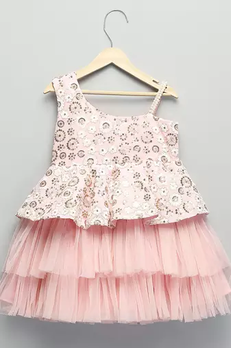 Baby pink embroidered net dress