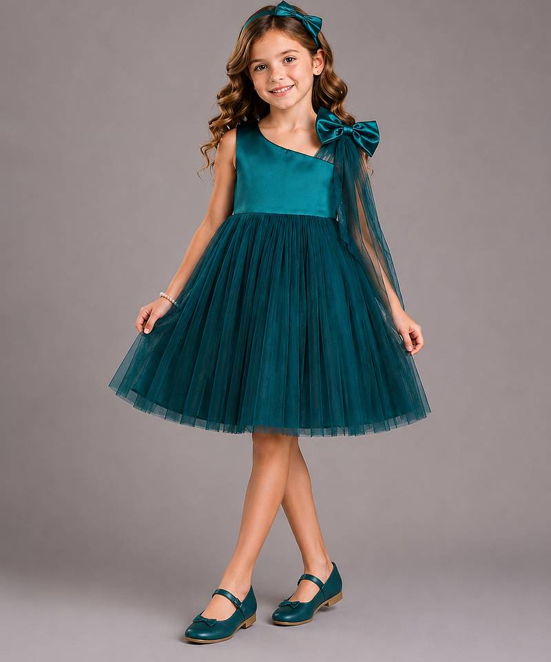 Teal green woven satin dress