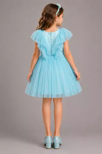 Blue embroidered net dress