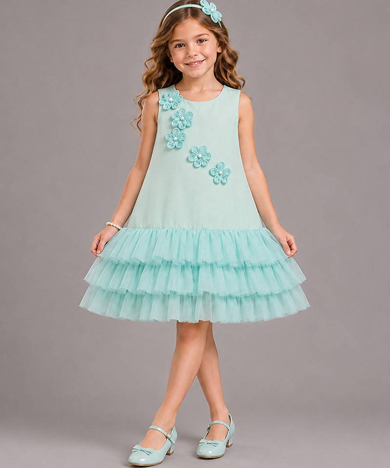 Sea green embroidered net dress