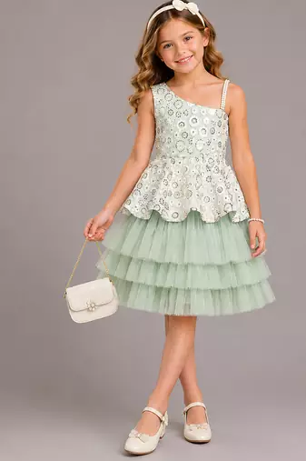 Sea green embroidered net dress
