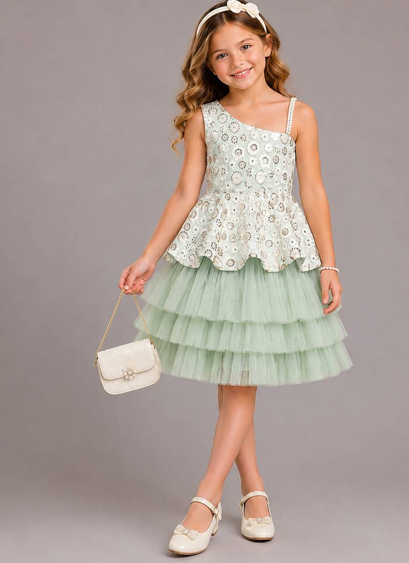 Sea green embroidered net dress