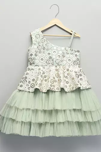 Sea green embroidered net dress