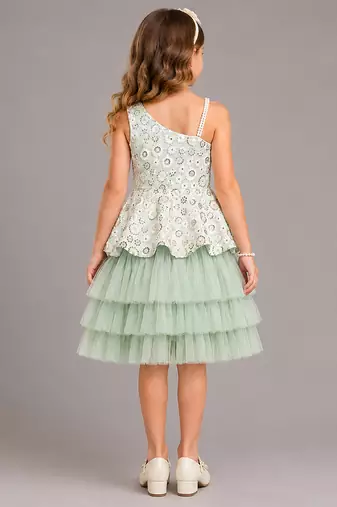 Sea green embroidered net dress