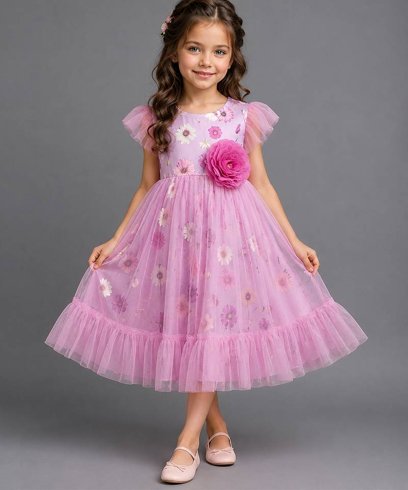 Pink printed net dress