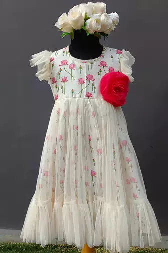 Off white printed net dress