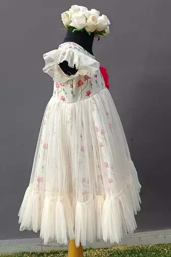 Off white printed net dress