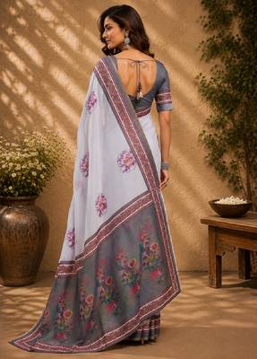 white grey chanderi cotton printed party wear festive 1 minute ready to wear saree with unstitched blouse piece 4