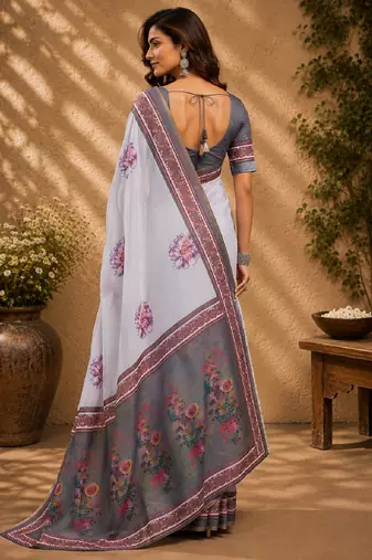 white grey chanderi cotton printed party wear festive 1 minute ready to wear saree with unstitched blouse piece