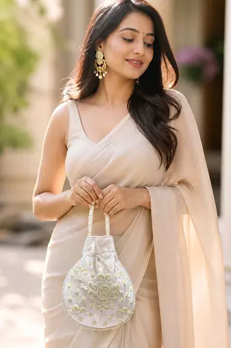 off white pearl embroidered potli bag