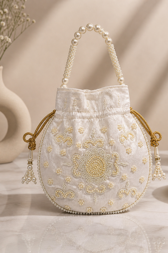 off white pearl embroidered potli bag