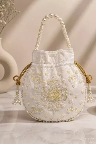 off white pearl embroidered potli bag