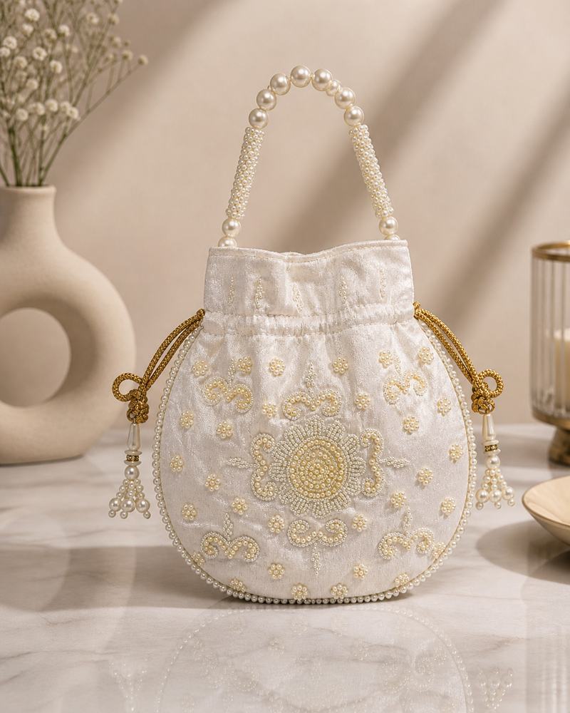 off white pearl embroidered potli bag