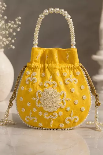 yellow pearl embroidered potli bag