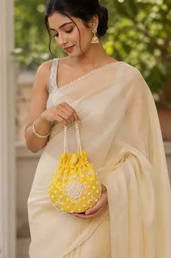 yellow pearl embroidered potli bag