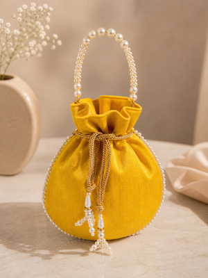yellow pearl embroidered potli bag 3
