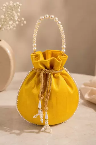 yellow pearl embroidered potli bag