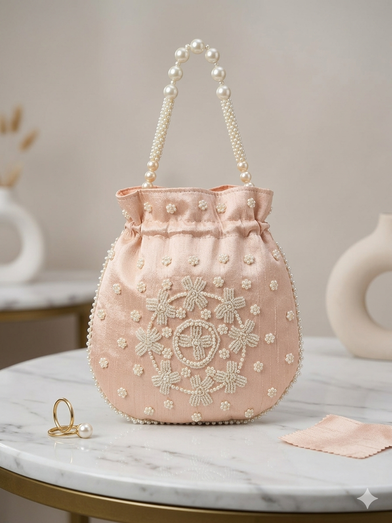 pastel peach pearl embroidered potli bag 