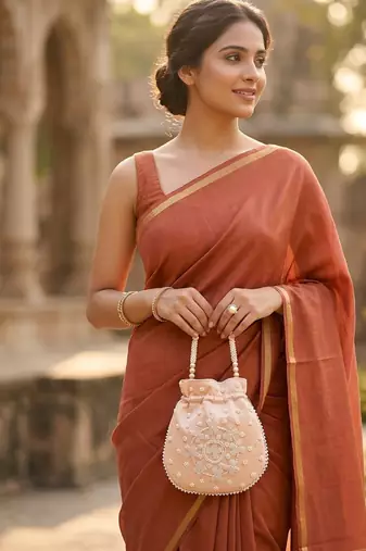 pastel peach pearl embroidered potli bag 