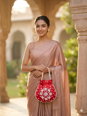 red peach pearl embroidered potli bag  1
