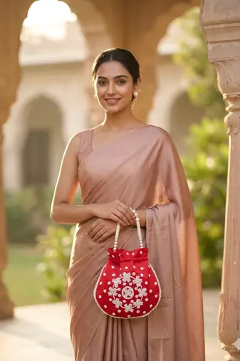 red peach pearl embroidered potli bag 