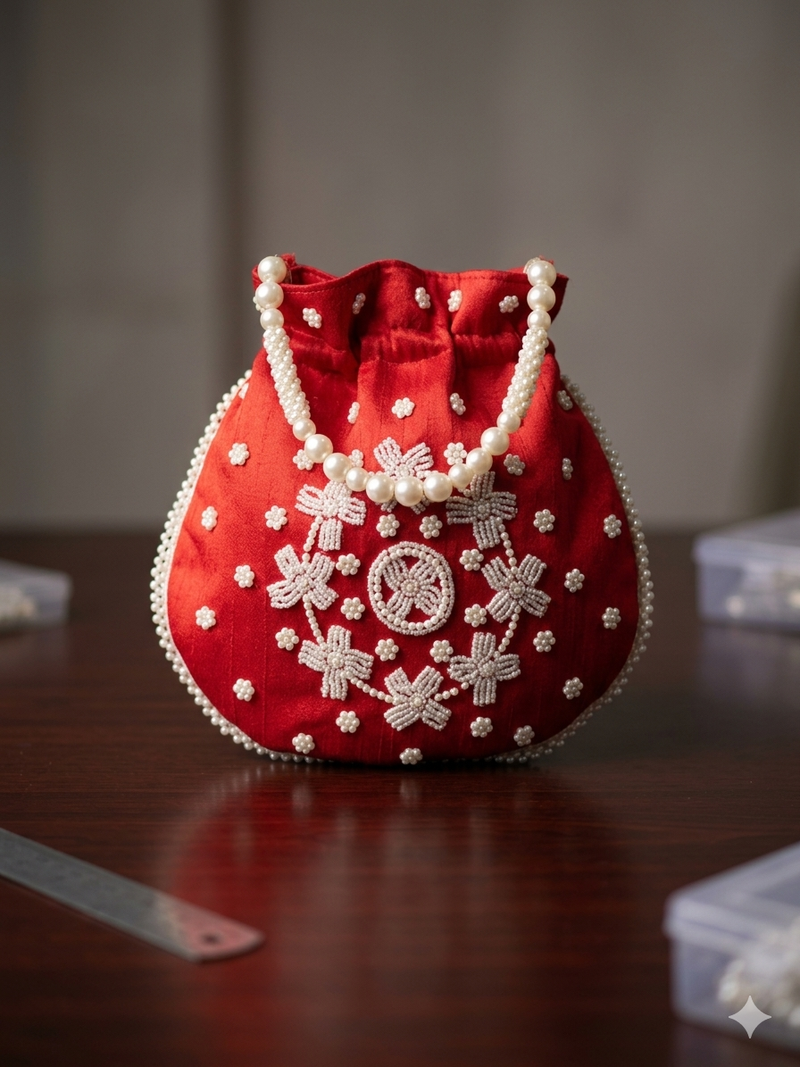 red peach pearl embroidered potli bag 
