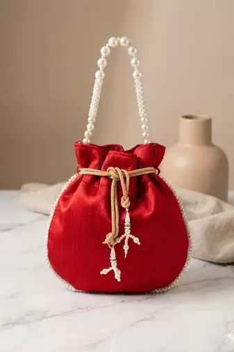 red peach pearl embroidered potli bag 