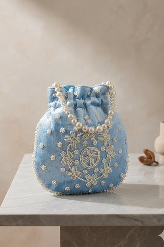 sky blue peach pearl embroidered potli bag 
