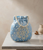 sky blue peach pearl embroidered potli bag 