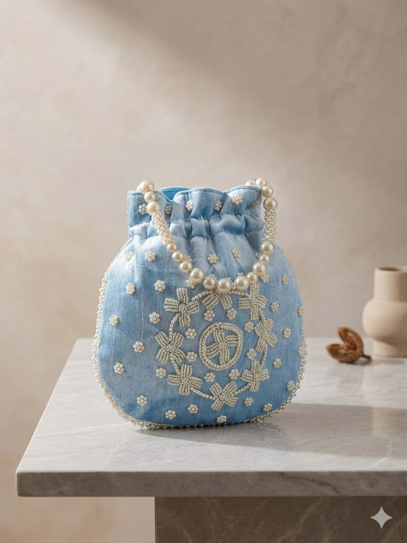 sky blue peach pearl embroidered potli bag 