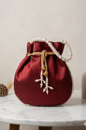 maroon peach pearl embroidered potli bag 