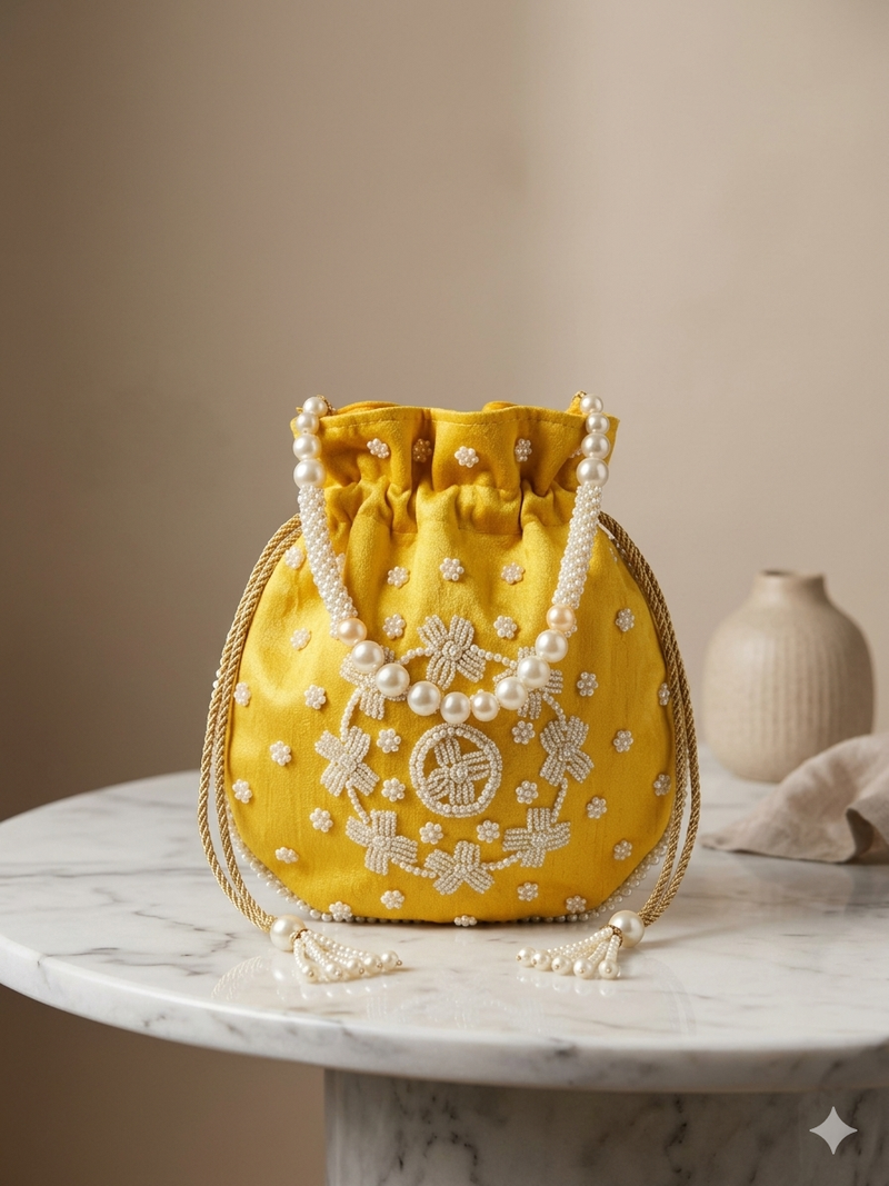 yellow peach pearl embroidered potli bag 