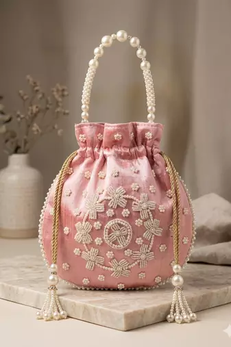 light pink peach pearl embroidered potli bag 