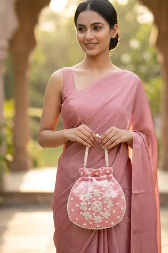 light pink peach pearl embroidered potli bag 