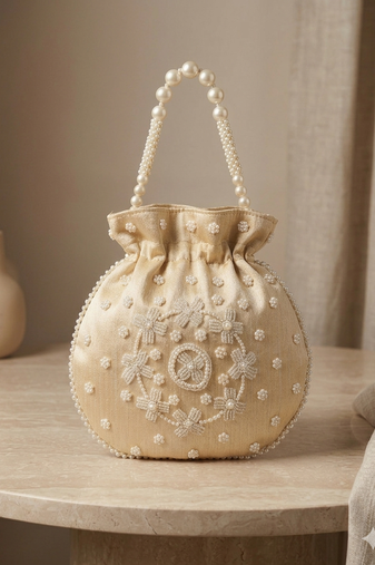 cream peach pearl embroidered potli bag 