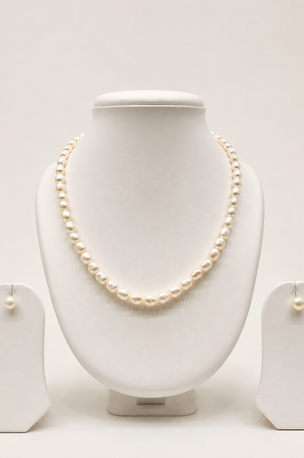 Real & Natural Single Line Pearl Necklace Set made with fresh water pearls Jewellery