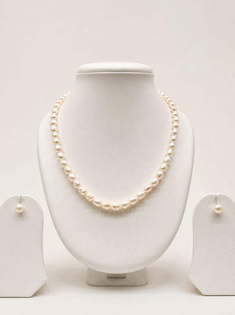 Real & Natural Single Line Pearl Necklace Set made with fresh water pearls Jewellery