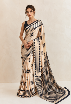 Beige printed satin saree with blouse piece 1