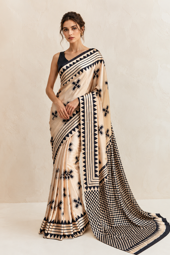 Beige printed satin saree with blouse piece